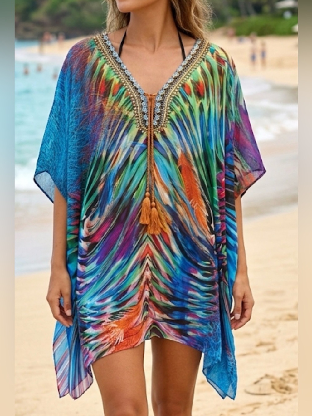 True Colours by La Moda Embellished Kaftan Top One Size Multi Color Feather Boho
